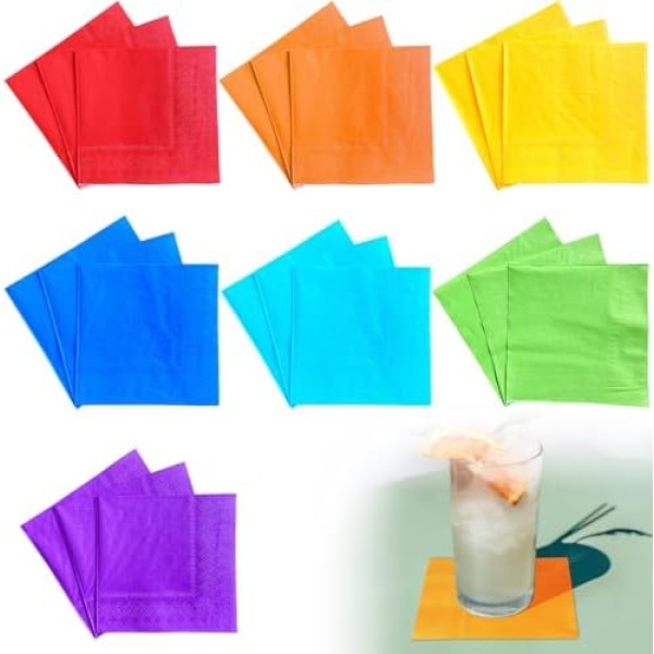 140 Pieces Multicolor Rainbow Cocktail Disposable Beverage Napkins Soft and Absorbent Paper Napkins for Dinner, Party, Wedding, Or Every Day Use(5” x 5” 2 Ply Party Napkins)