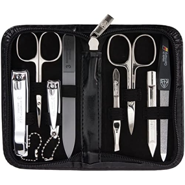 3 Swords Germany - brand quality 8 piece manicure pedicure grooming kit set for professional finger & toe nail care scissors clipper fashion leather case in gift box, Made in Solingen Germany (521309)