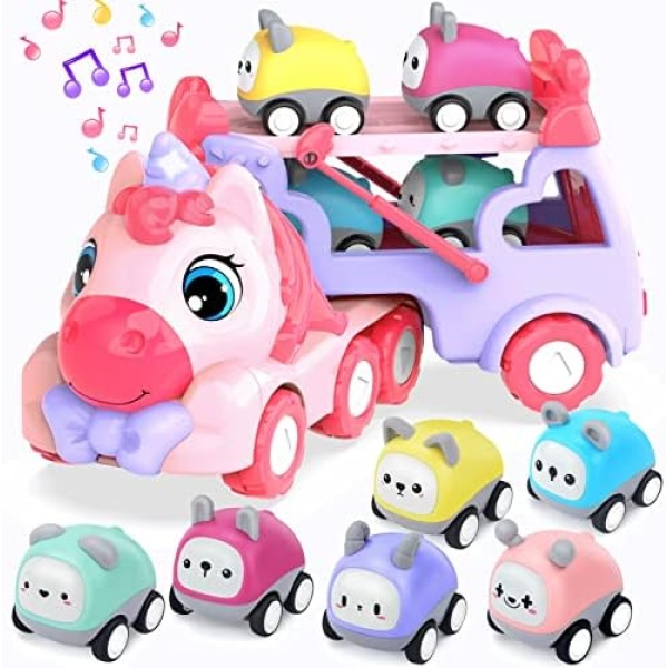 7 in 1 Carrier Truck Cars for Toddlers,Toys for 1 2 3 Year Old Girls,Unicorn Toy Girl Car with Lights & Music,Toddler Girl Toys Age 2-4,Girls Gifts Birthday Pink Toys…