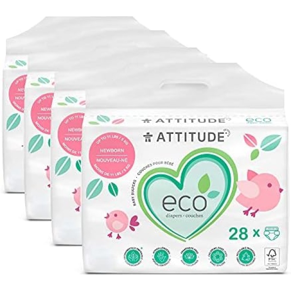 ATTITUDE Baby Diapers, Eco-friendly, Safe for Sensitive Skin, Chlorine-Free & Leak-Free, Plain White, Newborn (Up to 11 lbs / 5 kg), 112 Count (4 packs of 28)