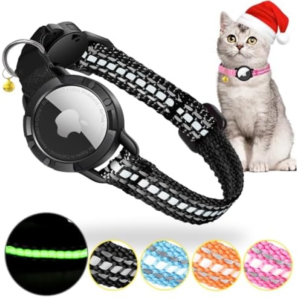 AirTag Cat Collar - Luminous & Reflective Cat Collar,Breakaway Cat Collars with Bells & Waterproof AirTag Holder,Domiphie Cat Airtag Collar for Kittens and Puppies(Black S)