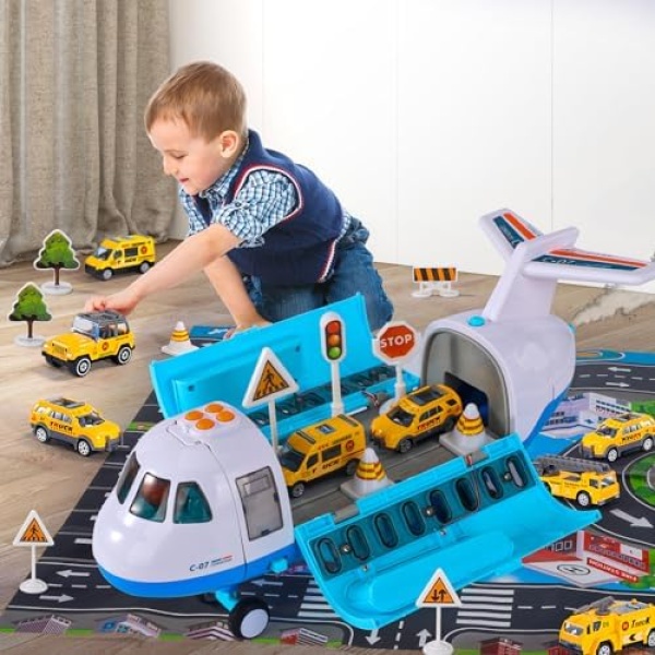 Airplane Toy with Smoke, Light & Sound, 16 Inches Big Transport Cargo Airplane Toy with 6 Construction Vehicle Trucks, Fricton Powered Airplane Toys Toddler Boy Toys for 3 4 5 6 Year Old