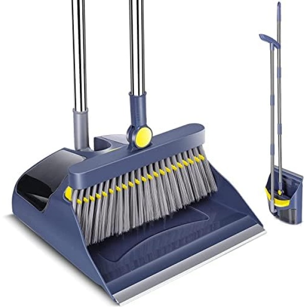 Almcmy Broom and Dustpan Set, 47" Long Handle Dust Pan and Broom Combo, Upright Standing Dustpan with Self-Cleaning Teeth, Stand Up Broom and Dustpan Set for Kitchen Office Home Lobby Floor Use - Blue