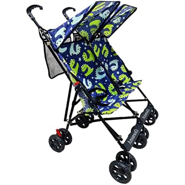 AmorosO Twin Lightweight Umbrella Stroller | Easy to Clean Baby Stroller with Four Wheels | Foldable & Travel-Ready Compact Stroller | Sunlight and Light Rain Protection | Blue