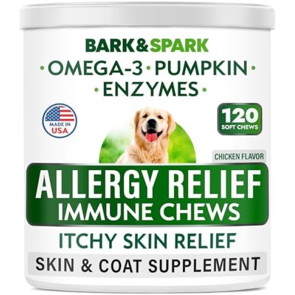 BARK&SPARK Allergy Relief Dog Treats - Omega 3 + Pumpkin + Enzymes - Itchy Skin Relief - Seasonal Allergies - Anti-Itch & Hot Spots - Immune Supplement - Made in USA - Chicken Flavor Soft Chews