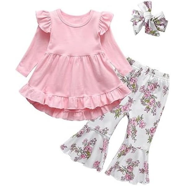 Baby Toddler Girl Clothes Outfits Ruffle Sleeve Tops Floral Bell-Bottom Pants Headband 3pcs Set