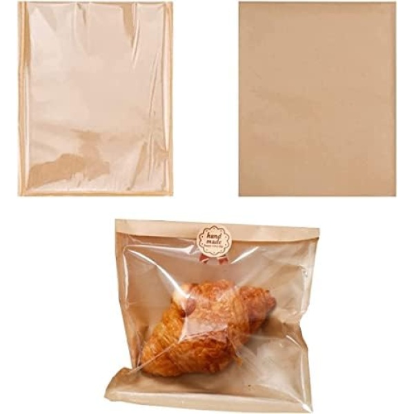 Bakery Bags with Window 200PCS Kraft Paper Sandwich Bags Waxed Flat Favor Bags Donut Bags Bag Candy Cookie Snack Packing Treat Bags for Homemade Bread