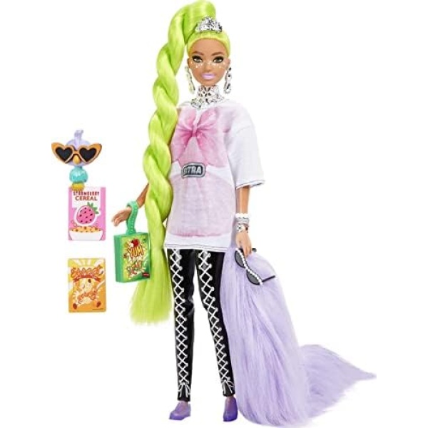 Barbie Extra Doll and Barbie Accessories with Neon Green Hair, Feather Boa and Pet Parrot