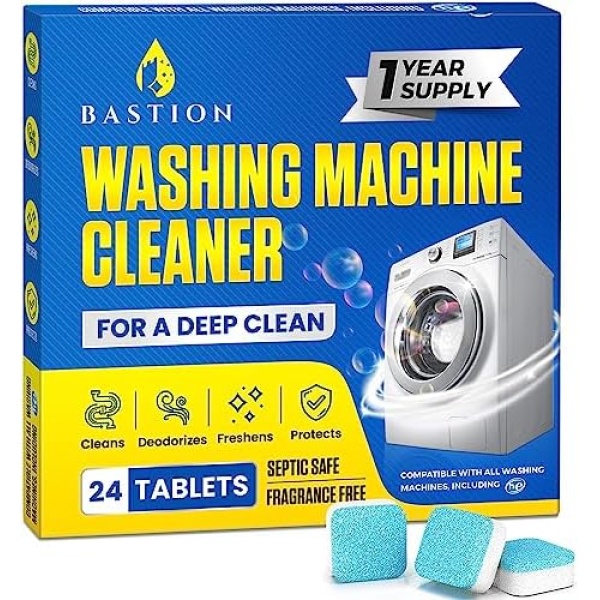 Bastion Washer Cleaner Tablets - 24pk, Powerful Descaler, Deep Cleaning for HE Front & Top Load, Septic Safe, Eco-Friendly Deodorizer, 12-Month Supply, Extends Machine Lifespan