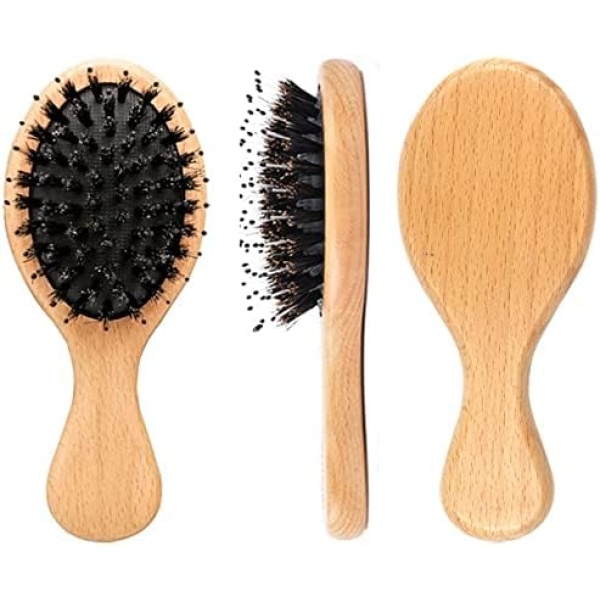 Boar Bristle Detangling Hair Brush Wooden Paddle Brush for Women Men Kids, Anti-frizz Mini Detangler Brush Styling Hairbrush Comb for Curly Fine Straight Natural Hair