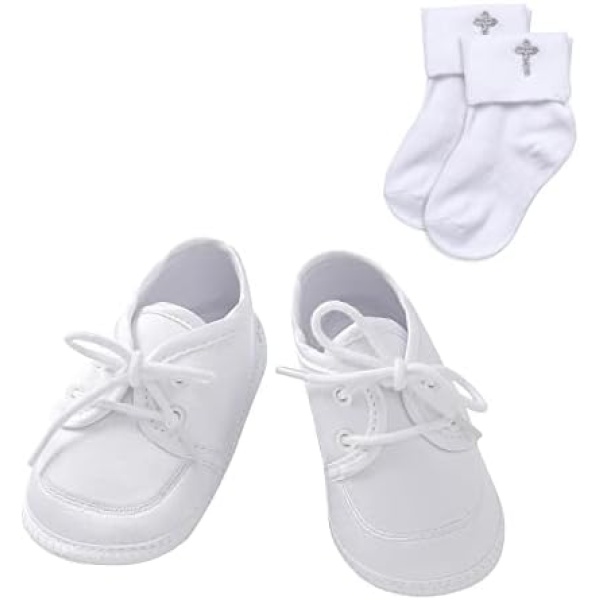 Booulfi Baby Boys' Booties Newborn for Christening, Dress White Baptism Cross Booties