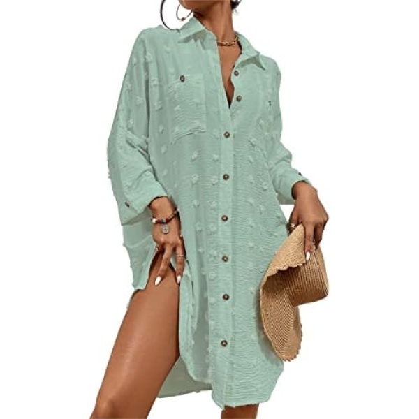 Bsubseach Women Beach Shirt Bathing Suit Cover Up Button Down Dresses Swiss Dot Swimsuit Blouse Tops