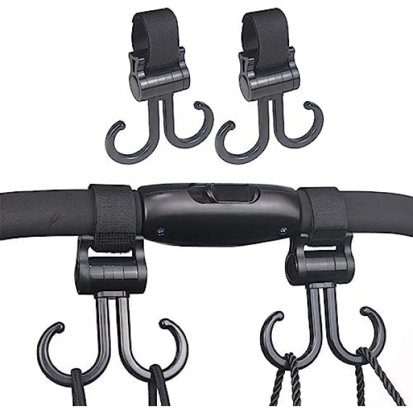 CAVLA 2Pack Baby Stroller Hooks for Hanging Diaper Bags,Adjustable Double Hook Trolley Bag Hook, Baby Stroller Hanging Hook, 360 Degree Swivel Baby Pushchair Universal Fit Hooks