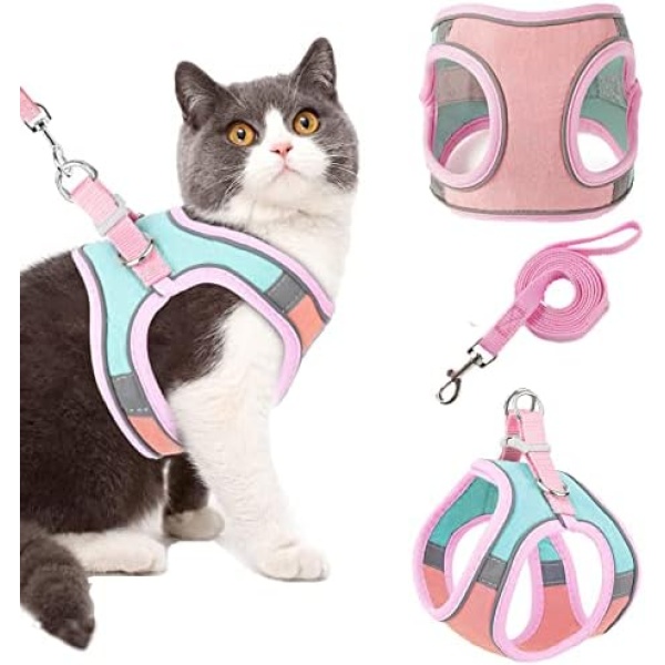 Cat Harness and Leash for Walking Escape Proof Ultra Light Adjustable Kitten Harness with Reflective Strap Soft Mesh Cat Vest Breathable Harness Set for Puppies Rabbits,Cats and Small Pets - Lnichot (L, Green-Pink)