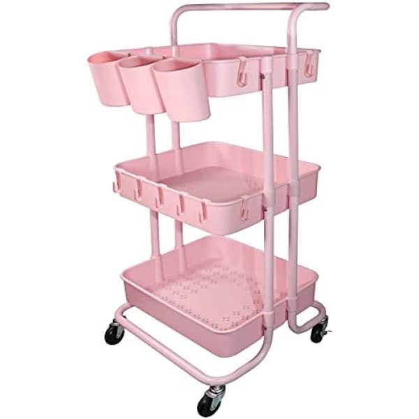 Ceeyali 3-Tier Rolling Utility Cart Storage Organizer Shelf Cart with Lockable Wheels and 3PCS Cups and 8PCS Hooks for Home Kitchen,Bathroom,Office,Laundry Room etc. (3 Cup 8 Hook Pink)