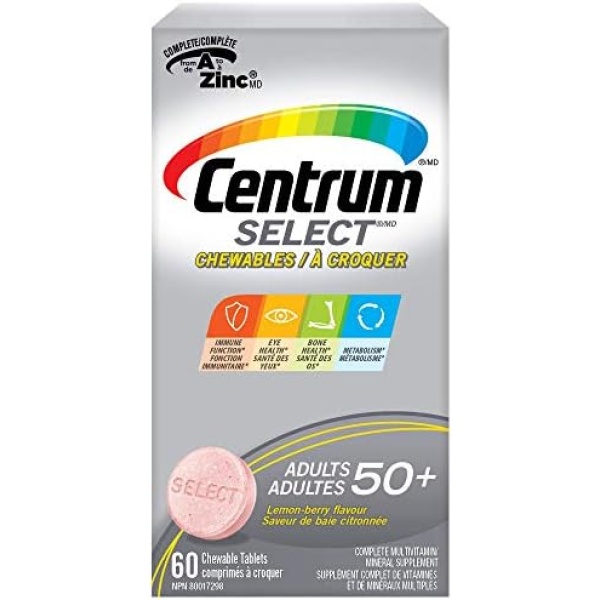 Centrum Adult Select Essentials Multivitamins for Men & Women 50 Plus, Chewables Multivitamins/Minerals Supplement, Lemon Berry Flavour, 60 Chewable Tablets (Packaging May Vary)