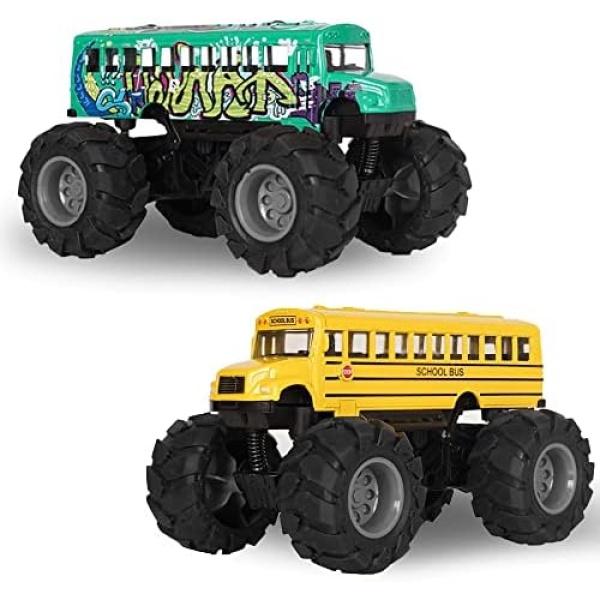 Crelloci School Bus Monster Truck Toy - 2 Pack Set Die Cast Yellow School Bus Toy, Pull Back Car Toys, Big Wheel Monster Truck Play Vehicles Gifts for Toddlers, Kids, Boys