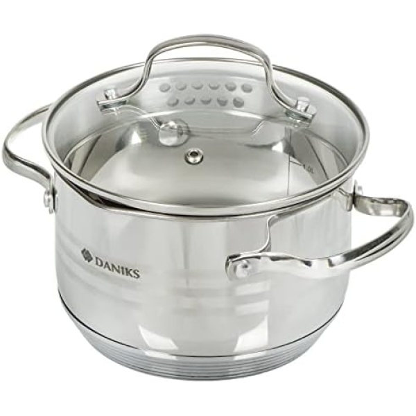 Daniks Tokio Stainless Steel Stock Pot with Glass Lid| Induction 2 Quart | Pasta Pot with Strainer Insert | Dishwasher Safe Pot | Measuring Scale | Soup Pasta Stew Pot | Silver