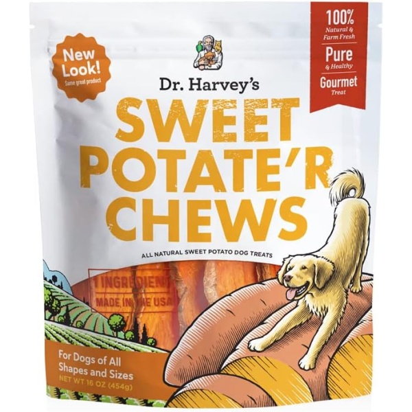 Dr. Harvey's Sweet Potato Chews for Dogs, Dog Treats for Small, Medium, Large Dogs, Natural Dog Snacks for Training, Healthy Teeth, Preventing Bad Breath, and Aggressive Chewers, USA Grown (1 Pound)