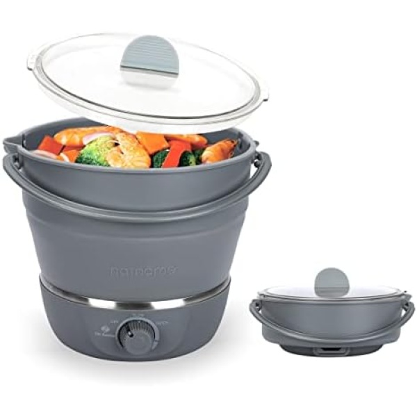 Drizzle Foldable Electric Hot Pot Cooker Travel Pot - Dual Voltage 100V-240V Cooking - Food Grade Silicone Cookerware Boiling Water Steamer - Camping Office Hotel Noodle Porridge Soup