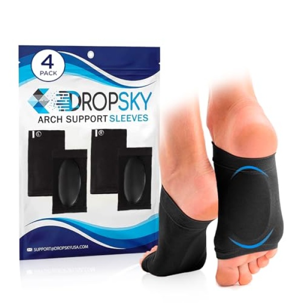 Dropsky Arch Support With Gel Pads, Arch Relief- Flat Foot Arch Support, Flat Feet Support, Compression Foot Sleeve, Foot Wrap for Pain and Arch Supports Women and Men, 2 Pairs (Black)