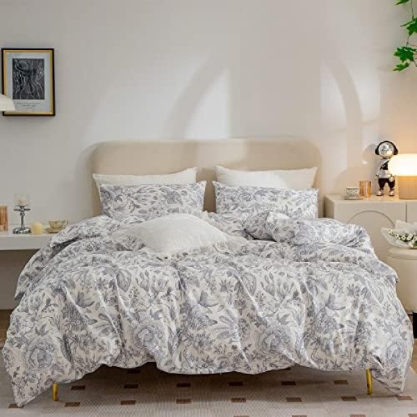 Duvet Cover Queen Flowers, 100% Soft Cotton 3 Pieces Queen Floral Bedding Sets for Girls, Vintage Chic Style Flower Leaf Pattern Printed Queen Floral Duvet Cover, with Zipper Closure (Flower, Queen)