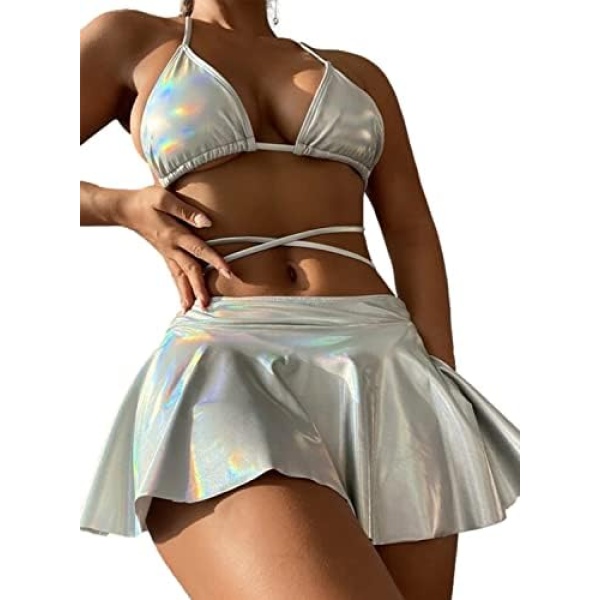 EVELUST Rave Outfits for Women Metallic Bikini Halter Strippy Bathing Suit with Beach Skirt for Party Club Music Festival