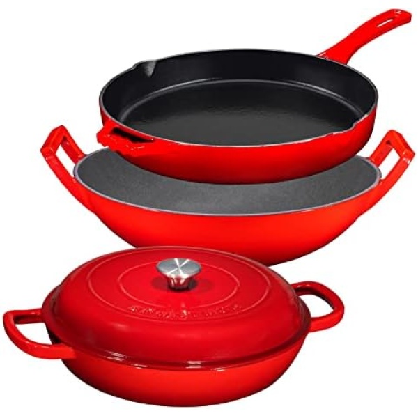 Enameled Cast Iron 3 Piece Bundle Gift Set, 3.8qt. Braiser Pan, 12 inch Skillet & 3qt. Balti Dish, Cookware Set