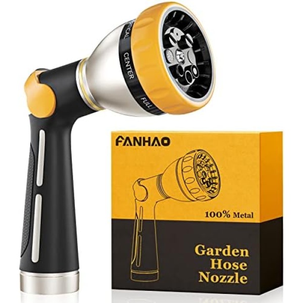 FANHAO Garden Hose Nozzle, 100% Heavy Duty Metal Spray Nozzle with Thumb Control, High Pressure Water Nozzle with 8 Adjustable Spray Patterns for Watering Plants, Washing Cars and Showering Pets