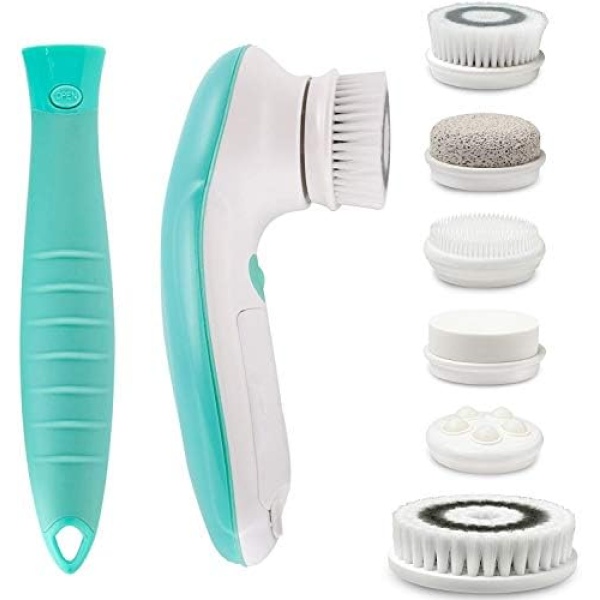 Fancii 7 in 1 Waterproof Electric Facial & Body Cleansing Brush Kit with Handle and 6 Brush Heads - Best Advanced Face Spa Scrub System (Aqua)