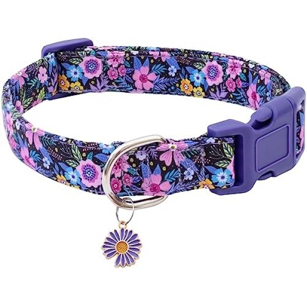 Faygarsle Cotton Dog Collar Cute Dog Collars for Small Medium Large Dogs Purple Floral Colored Options Soft and Fancy Pet Collars for Girls Flower Pattern for Girl Dog Collar L