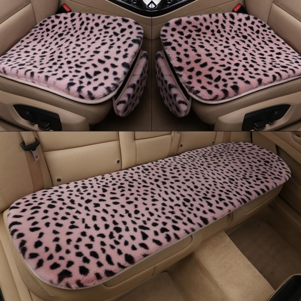 Fiillthetk Car Seat Coves, Two Plush Leopard Universal Front Seat Coves with Sotrage Pockets and One Long Back Seat Cover, Padded Comfortable Interior Car Accessories for Women (Pink)