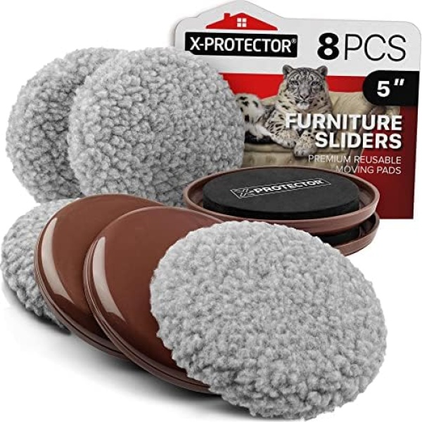 Furniture Sliders X-PROTECTOR - 4+4 Pack 5” - Multi-Surface Furniture Sliders for Carpet & Hard Floors - 4 Furniture Movers for Carpeted Floors and 4 Hardwood Socks - Move Your Furniture Easily!