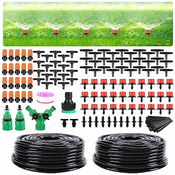 Garden Drip Irrigation Kit,98FT Greenhouse Micro Automatic Drip Irrigation System Kit with 1/4 inch 1/2 inch Blank Distribution Tubing Hose Adjustable Patio Misting Nozzle Emitters Sprinkler