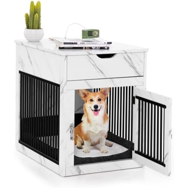 Giantex Dog Crate Furniture, Dog Kennel End Table with Chew-Proof Metal Fence, Lockable Door, Storage Drawer, Wired and Wireless Charging, Wooden Pet Cage Side Table Indoor (Marble White)