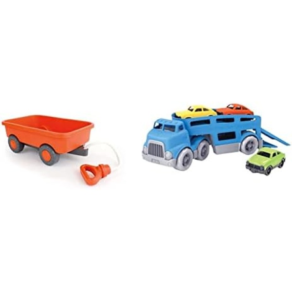 Green Toys WAGO-1227 Wagon Outdoor Toy, Orange & CCRB-1237 Car Carrier Vehicle Set Toy, Blue