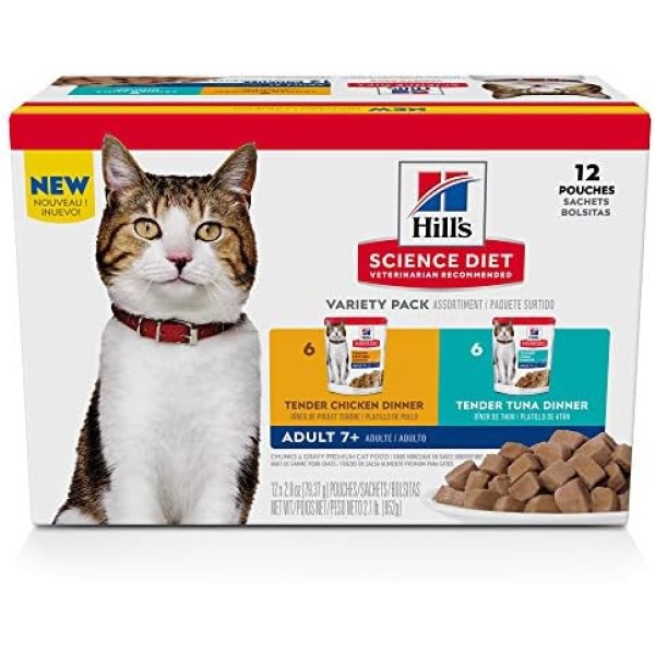 Hill's Science Diet Senior 7+ Canned Cat Food Pouch Variety Pack, Chicken and Tuna 2.8 Oz Pouch, 12 Pack