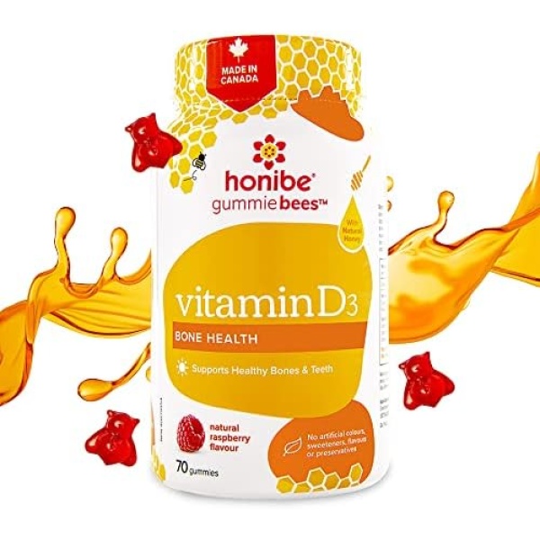 Honibe Vitamin D Gummies for Kids and Adults | Honey-Based Vitamins Made in Canada | Vitamin D3 Helps Support Bone Health, Mood and Immune System Functions | Vegetarian Chewable Vitamin D Supplements | 70 gummies