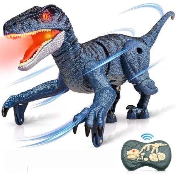 Hot Bee Dinosaur Toys for Kids, RC Dino Toys for 3 4 5 6 7 8 Year Old Boys, Velociraptor Blue from Jurassic Dinosaur World - Electronic Walking Robot Dinosaur Toy with Light & Realistic Roaring Sound