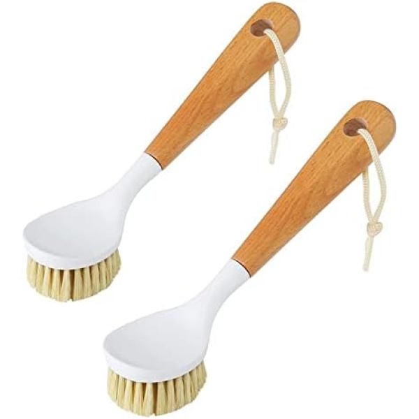 Hsxfl Dish Brush with Bamboo Handle Dish Scrubber, Scrubbing Brush for Pans, Pots, Kitchen Sink Cleaning,Sisal Hemp Brush Head Kitchen Scrub Brush Perfect for Cleaning Dishes(Pack of 2)