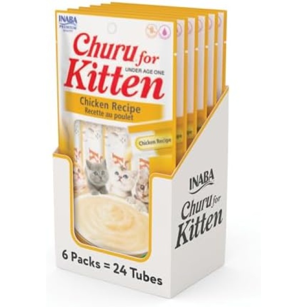 INABA Churu for Kittens, Grain-Free Creamy, Purée Lickable Cat Treats with DHA, EPA, Vitamin E & Taurine, 0.5 Ounces Each, 24 Tubes (4 per Pack), Chicken Recipe