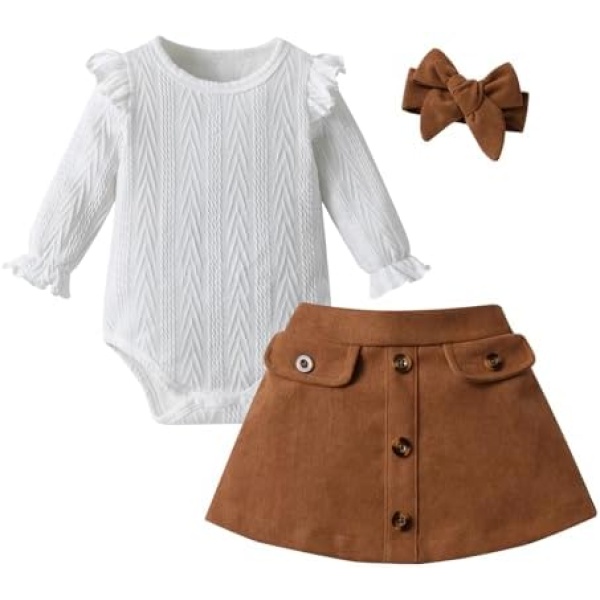 Infant Baby Girl Clothes Outfits Long Sleeve Ruffle Ribbed Romper A-line Skirt Headband 3pcs Outfits Set