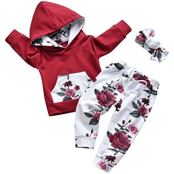 Infant Baby Girls Clothes Long Sleeve Pullover Sweatshirt Floral Pants Headband Hoodie with Pocket 3pcs Outfits Set