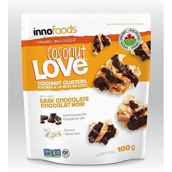 Inno Foods Organic Coconut Clusters with Dark Chocolate, Non-GMO, Gluten Free, Vegan, Kosher, Coconut Love, InnoFoods 100g