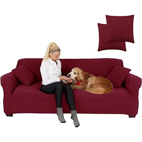 JINAMART Stretch Sofa Slipcover 1 Piece Couch Sofa Cover and 2 Throw Pillow Covers Soft Furniture Protector with Elastic Bottom & Non Skid Foam for Kids Dogs Cats Small Checks (Large, Burgundy Red)