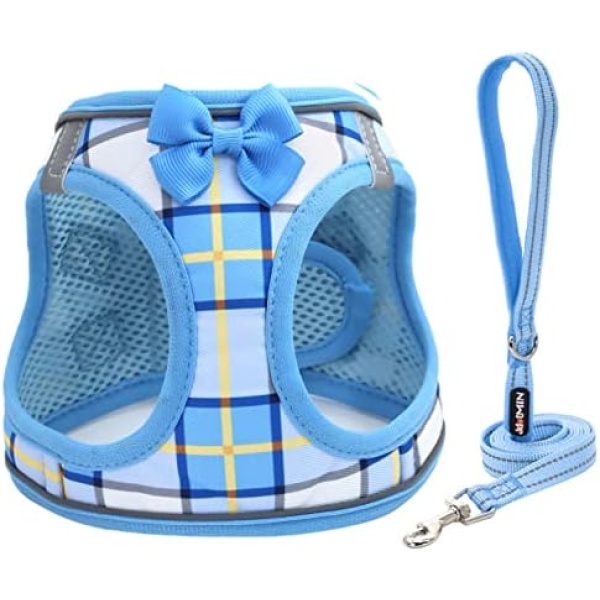 JdotMIN Step-in Plaid Dog Harness and Leash Set, for Small Dog and Cat Vest Harness No Pull, Escape Proof, for Walking Puppy and Kitten, for Travel and Car, Harnais Pour Chien (Blue, XS)