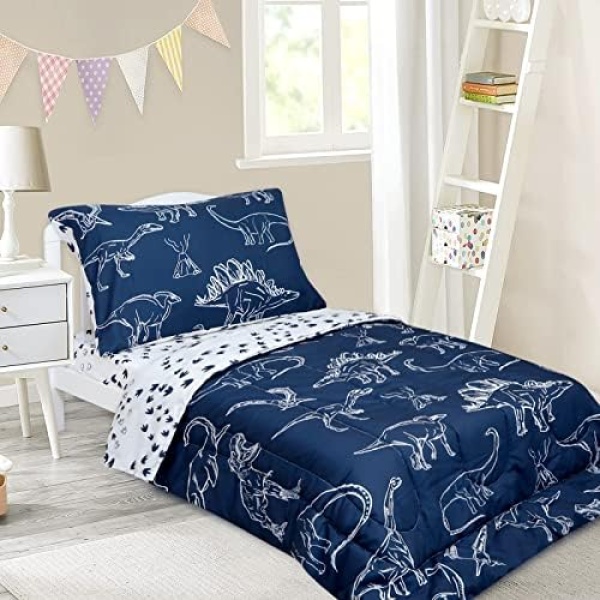 Jundetye 4 Pieces Dinosaur Toddler Bedding Set for Boys, Soft Breathable Toddler Comforter Set, Dino Print Navy, Includes Reversible Comforter, White Fitted Sheet and Flat Sheet, Pillowcase