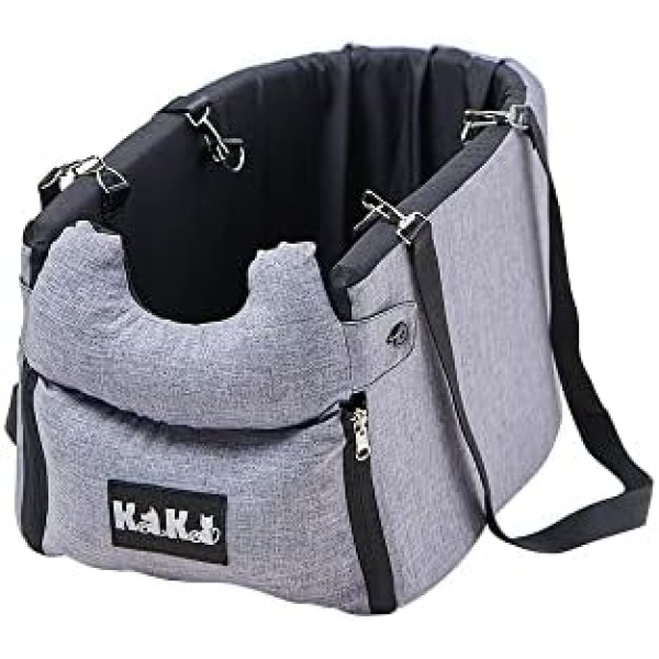 KAKIMIH Portable Double-Sided Design Pet Car Seat , Soft and Premium Small Dog Car Booster Seat , Grey & Black Center Console Dog Car Seat for Dog or Cat up to 14 lbs