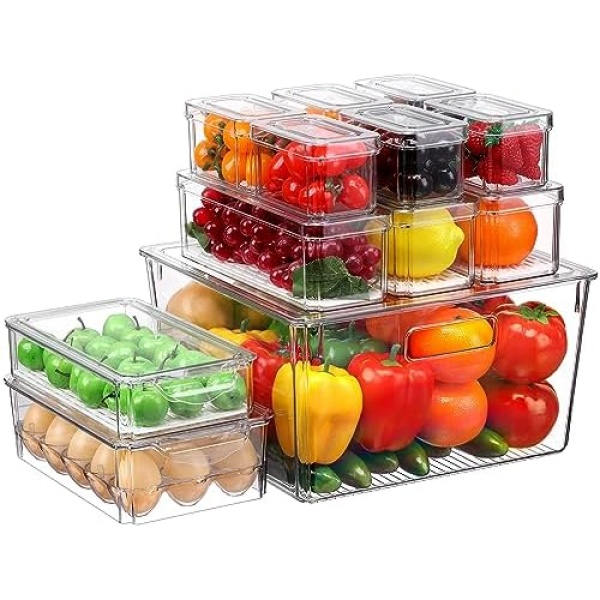 KUMD 12 Pack Refrigerator Organizer Bins, Stackable Fridge Organizers and Storage with Lids, BPA-Free Fridge Organizers Containers for Fruit, Vegetable, Food, Drinks, Cereals, Clear