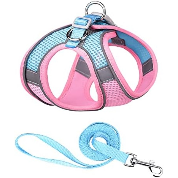 KeeKit Harness and Leash Set Soft Step in Vest Mesh Dog Harness for Walking, Adjustable Reflective Strap Night Safe Pet Harness for Small Dogs and Cats and Puppies, Pink and Blue, XXS